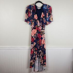 Women's Dress The Population Blue Pink Floral Hi Low Ruffled True Wrap Dress SM